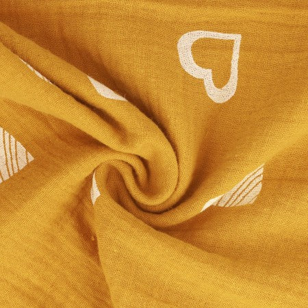 DOUBLE GAZE MOTIF Cœurs Moutarde Bi couleurs