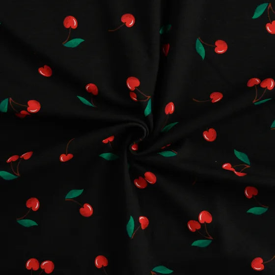JERSEY DE COTON IMPRIME Cerise fond noir