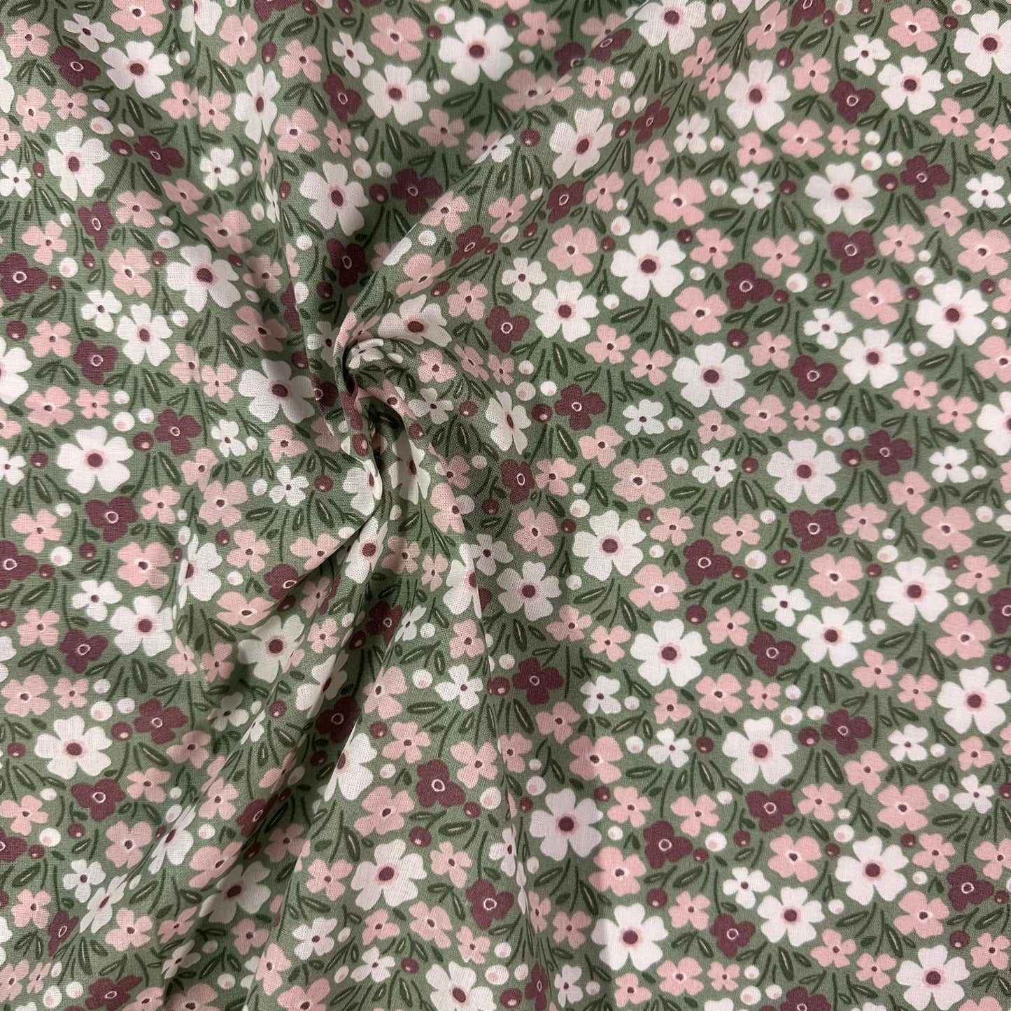 COTON IMPRIME Fleurs Vert Olive