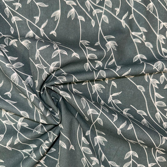 COTON IMPRIME Feuillage Blanc fond Bleu Canard