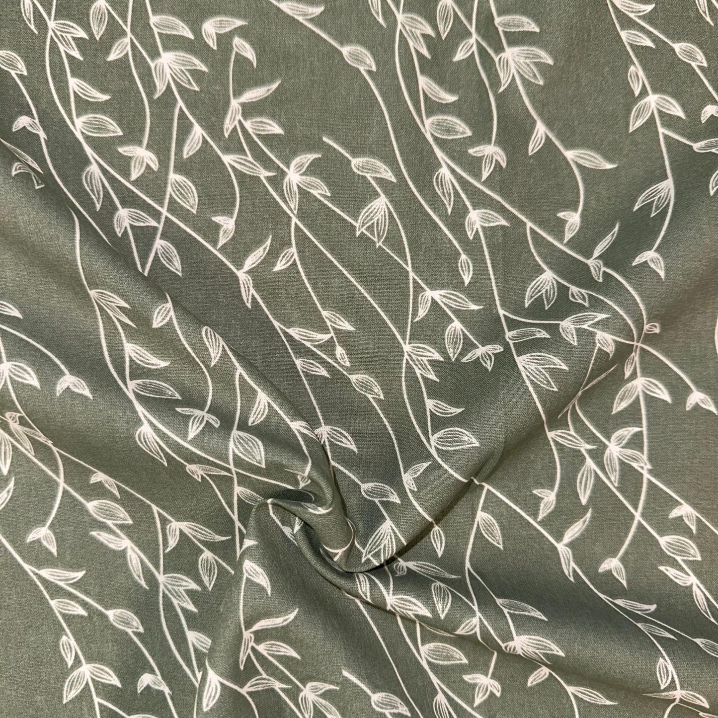 COTON IMPRIME Feuillage Blanc fond Kaki