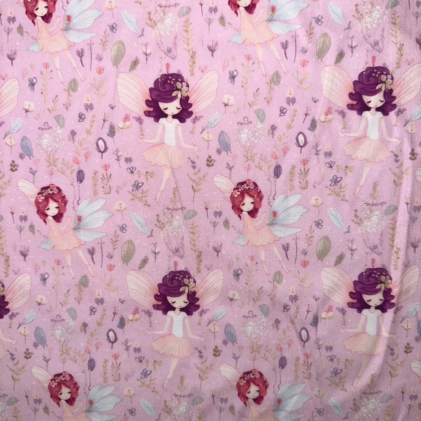 COTON IMPRIME Fées fond Rose