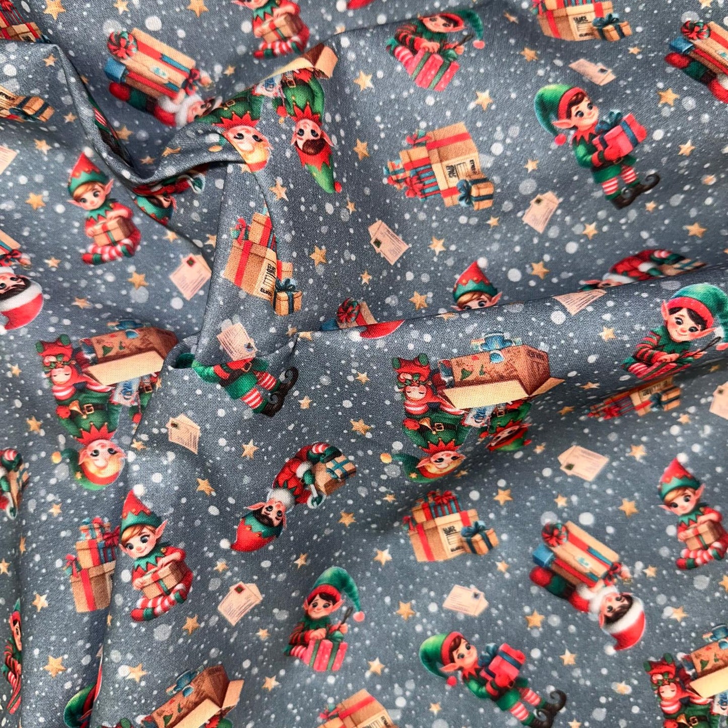 COTON IMPRIME Lutins fond Bleu Noel