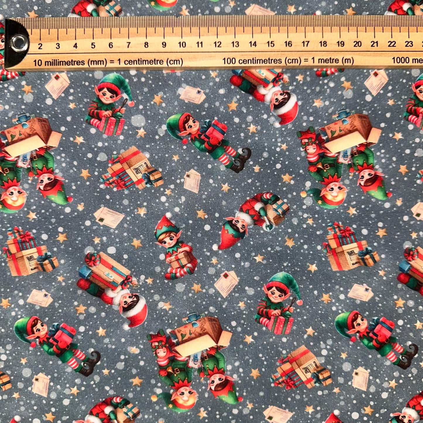 COTON IMPRIME Lutins fond Bleu Noel