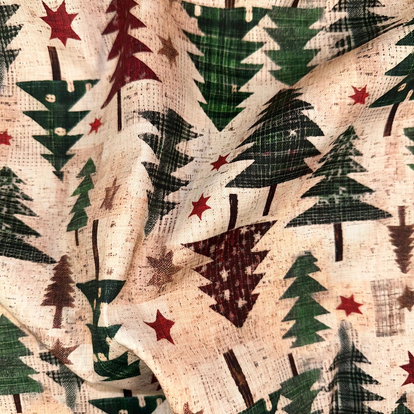 TOILE DECO IMPRIME Sapins de Noel fond Beige