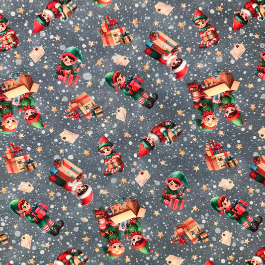 COTON IMPRIME Lutins fond Bleu Noel