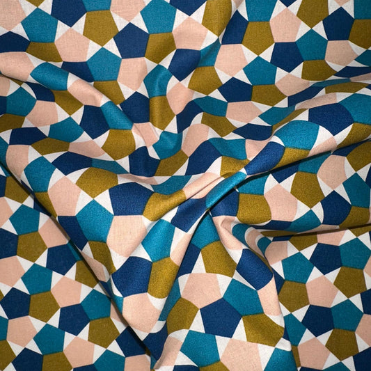 COTON IMPRIME Graphique Bleu Rose Moutarde