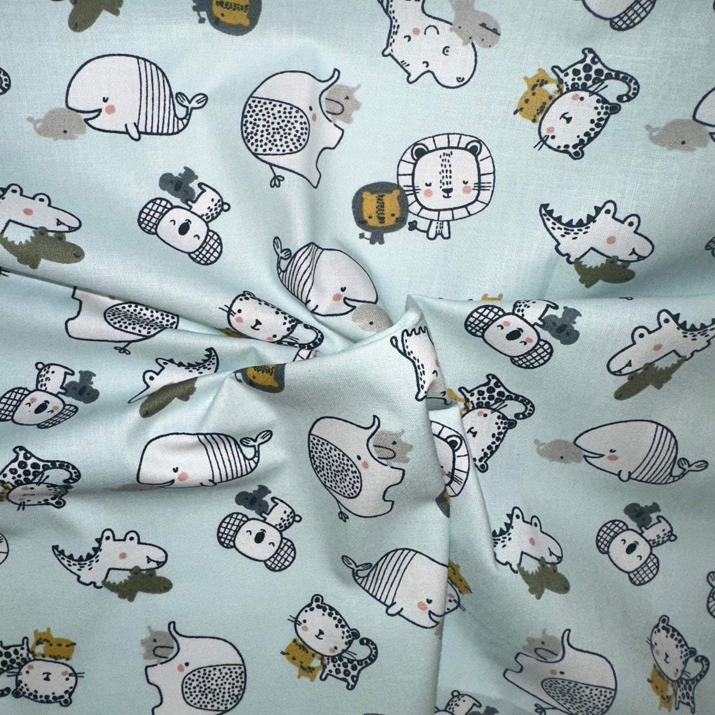 COTON IMPRIME Animaux fond Menthe
