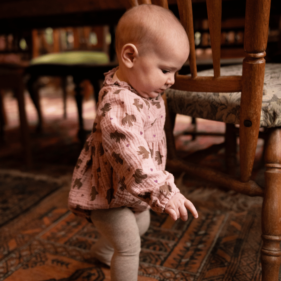 DOUBLE GAZE IMPRIMEE GOTS Oiseaux Rose et Marron