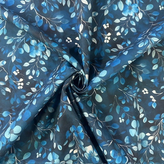 COTON SATINE IMPRIME Feuillage Bleu