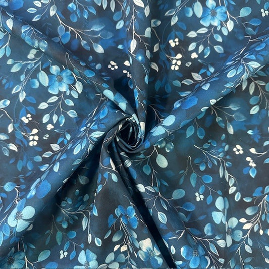 COTON SATINE IMPRIME Feuillage Bleu