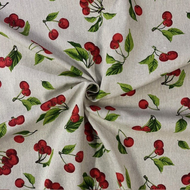 TOILE DECO IMPRIME Cerises fond Naturel
