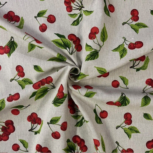 TOILE DECO IMPRIME Cerises fond Naturel